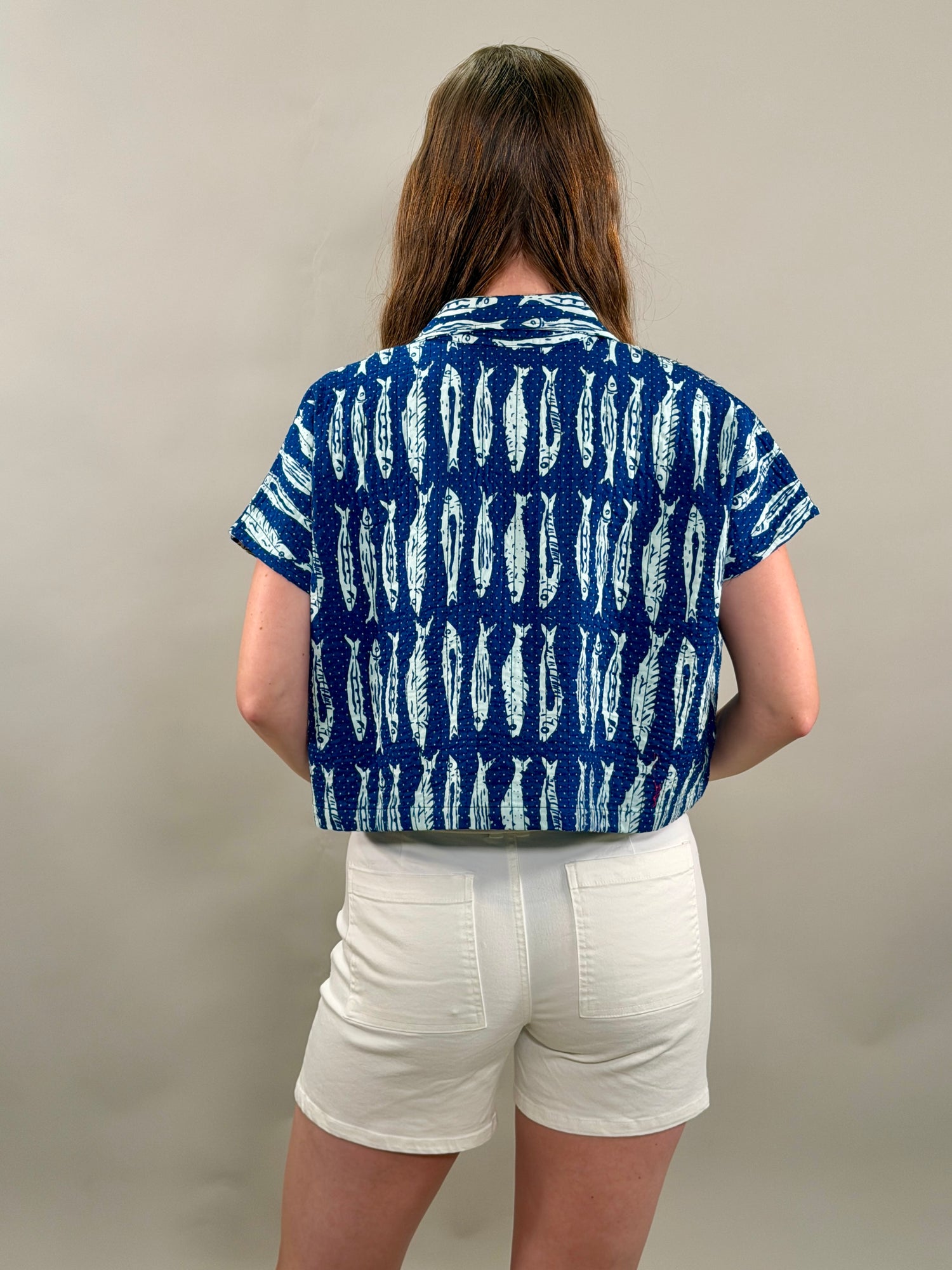 Fish Print Quilted Cropped Jacket