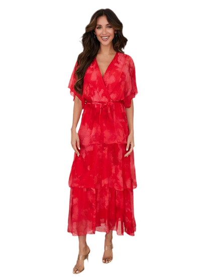 Splatter Print Empire Waist Tiered Silk Dress