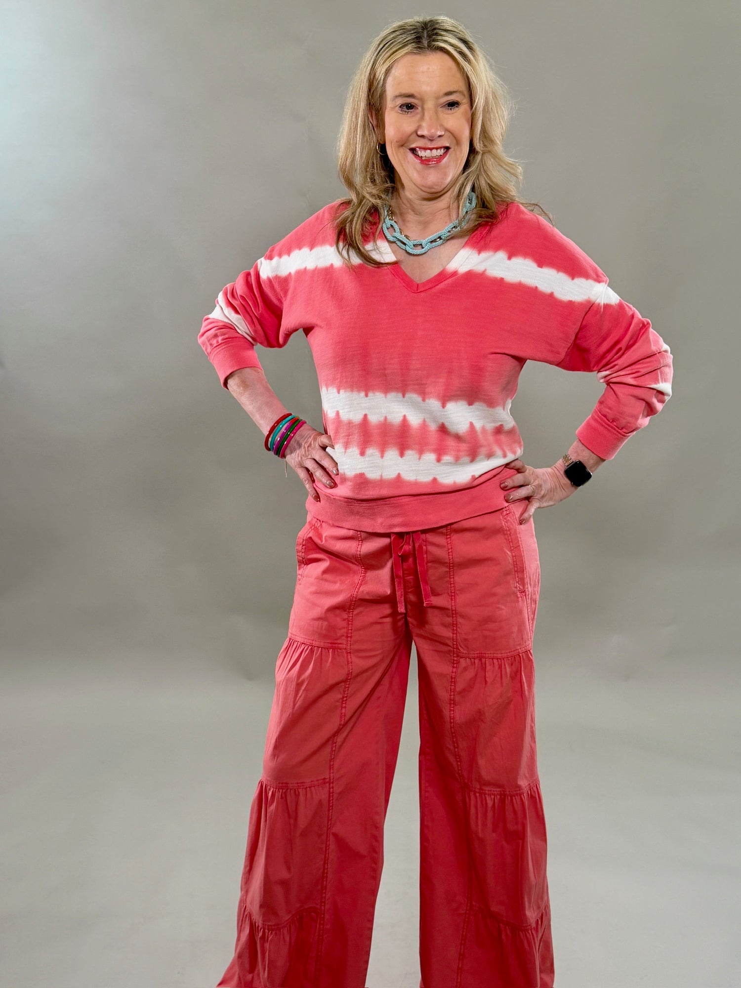 Vibrant Coral Tie-Dye Slub Terry Pullover