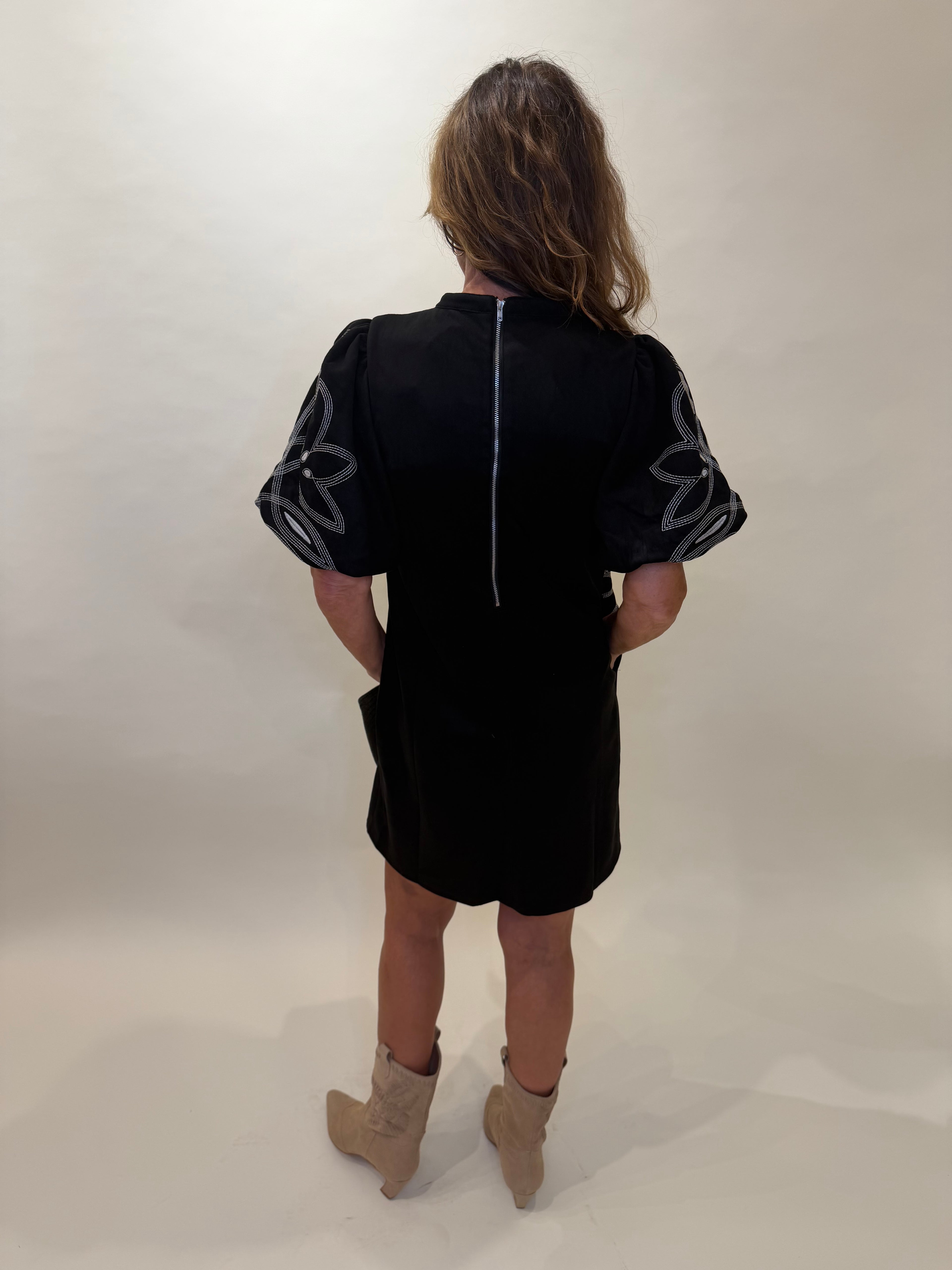 Western-Inspired Embroidered Puff Sleeve Mini Dress