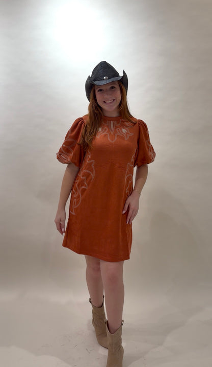 Western-Inspired Embroidered Puff Sleeve Mini Dress