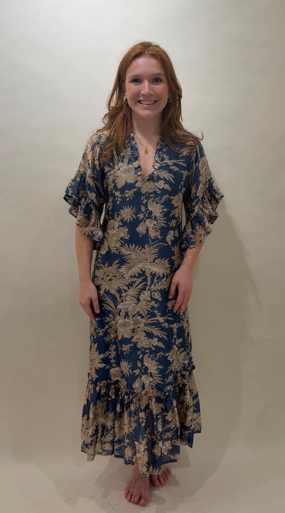Toile Print Ruffled Cotton Caftan Mini