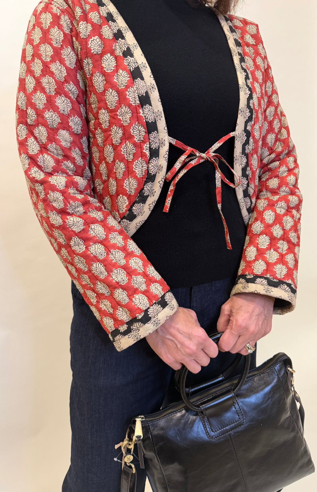 Red Block Print Quilted Cropped Tie-Front Jacket