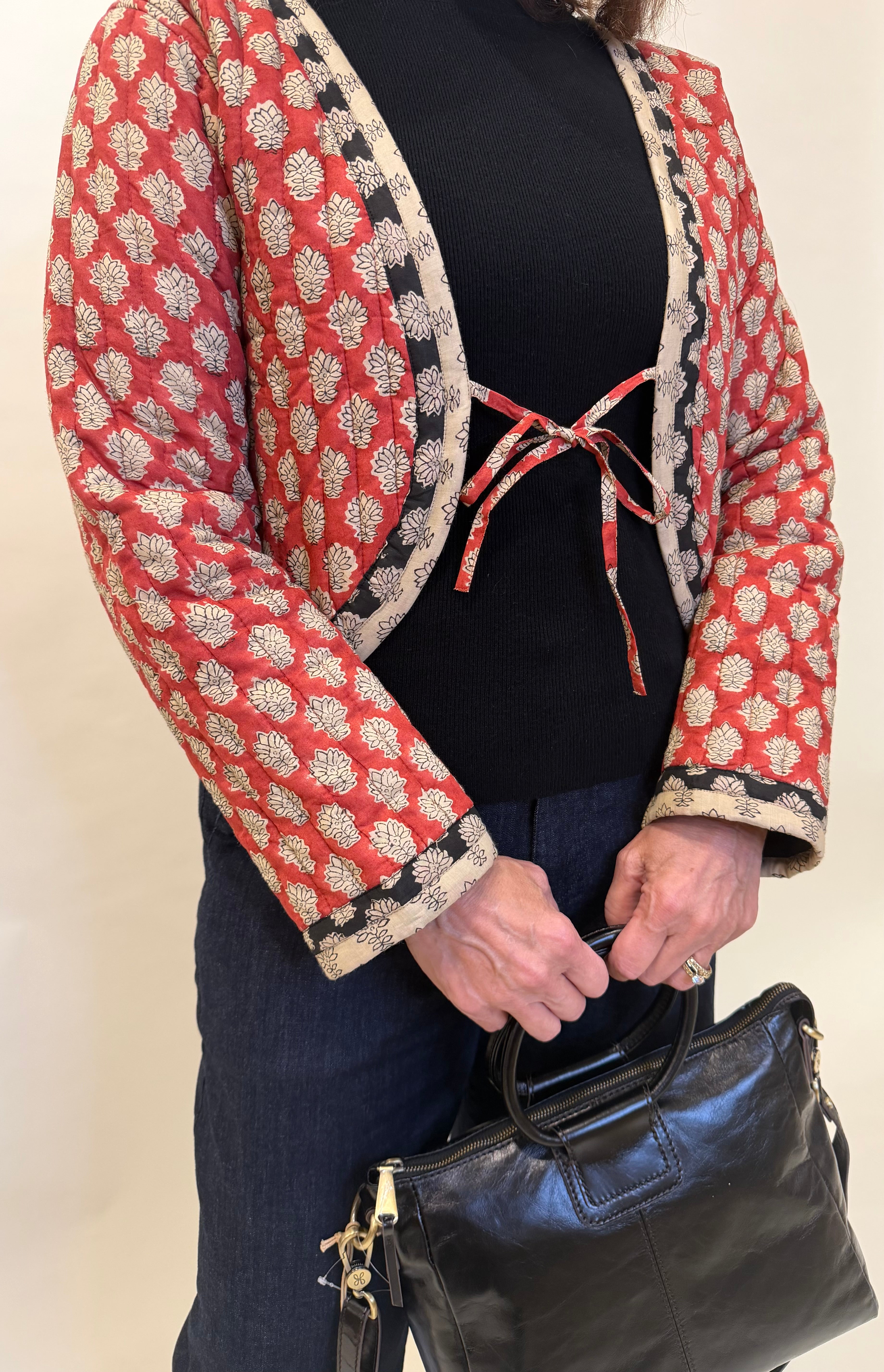 Red Block Print Quilted Cropped Tie-Front Jacket