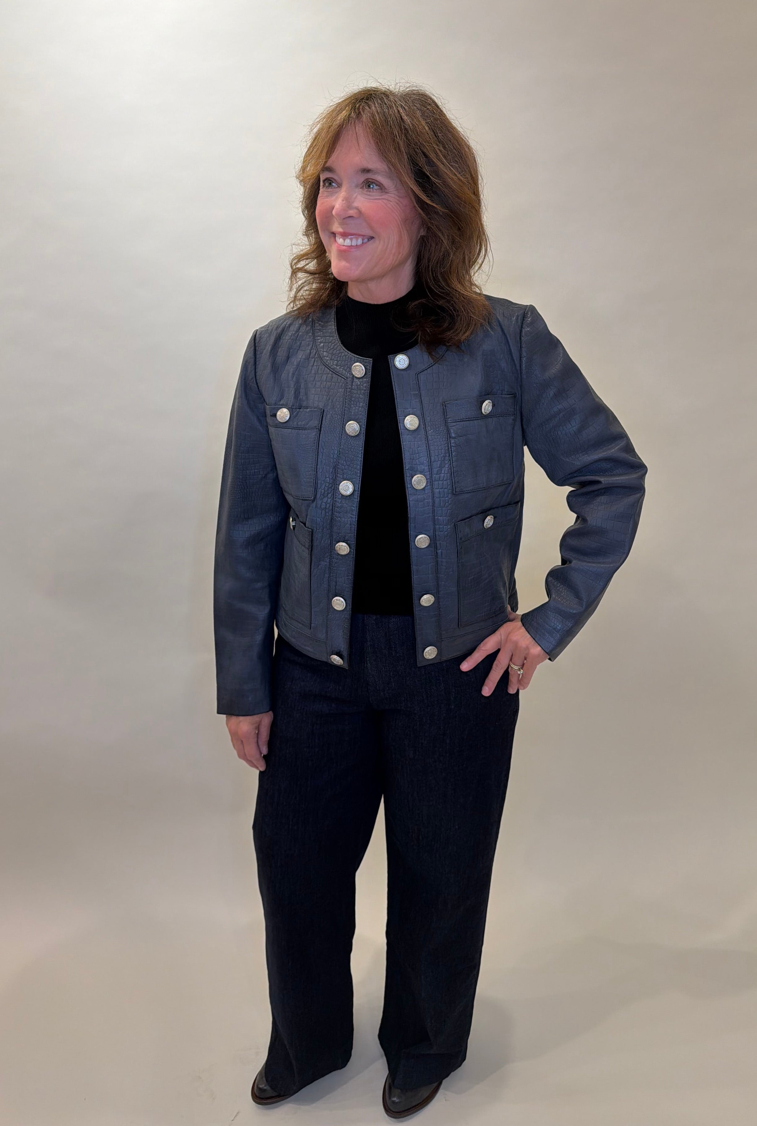 Chic Navy Croc-Embossed Leather Jacket