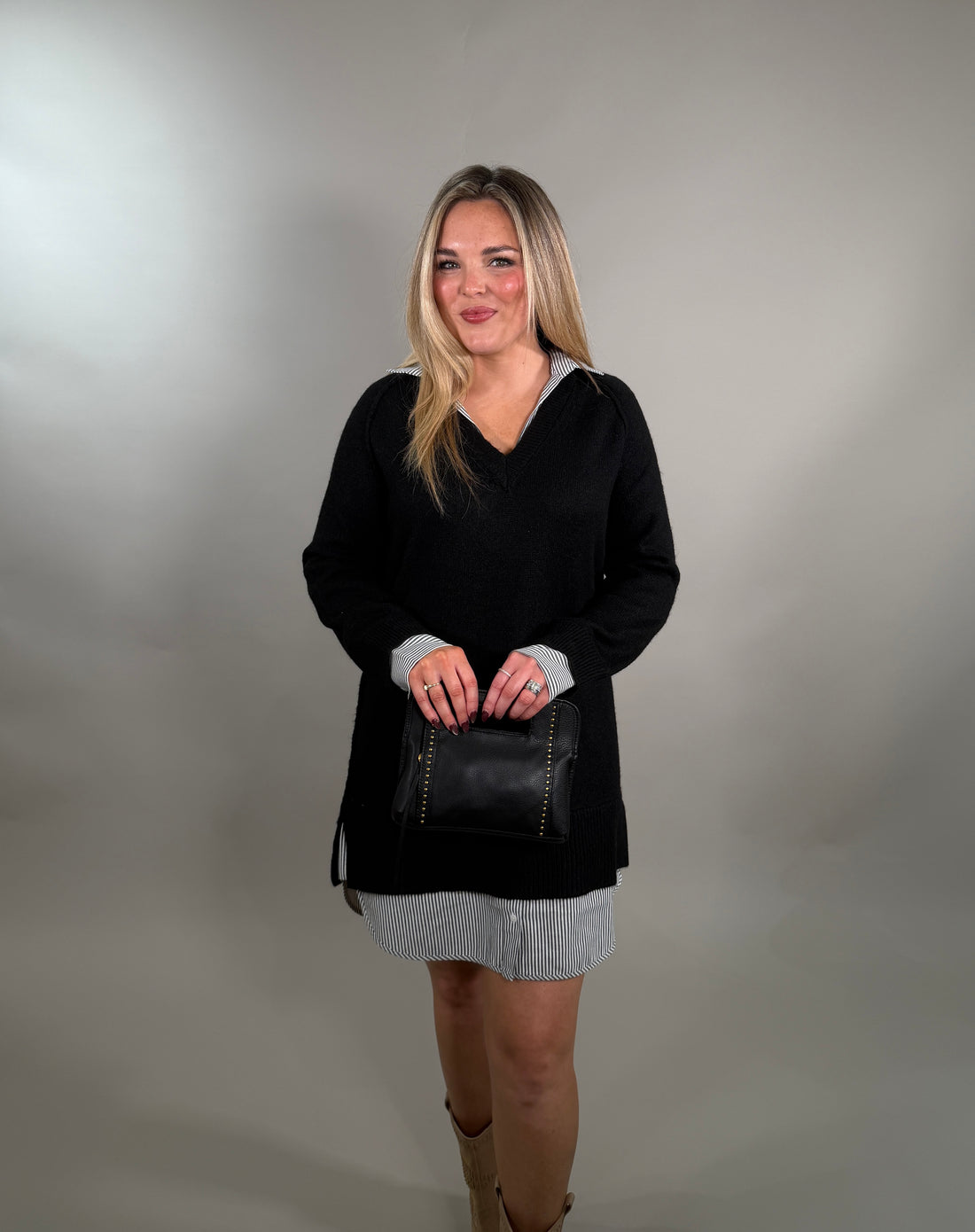 Layered V-Neck Black Sweater with Attached Shirt