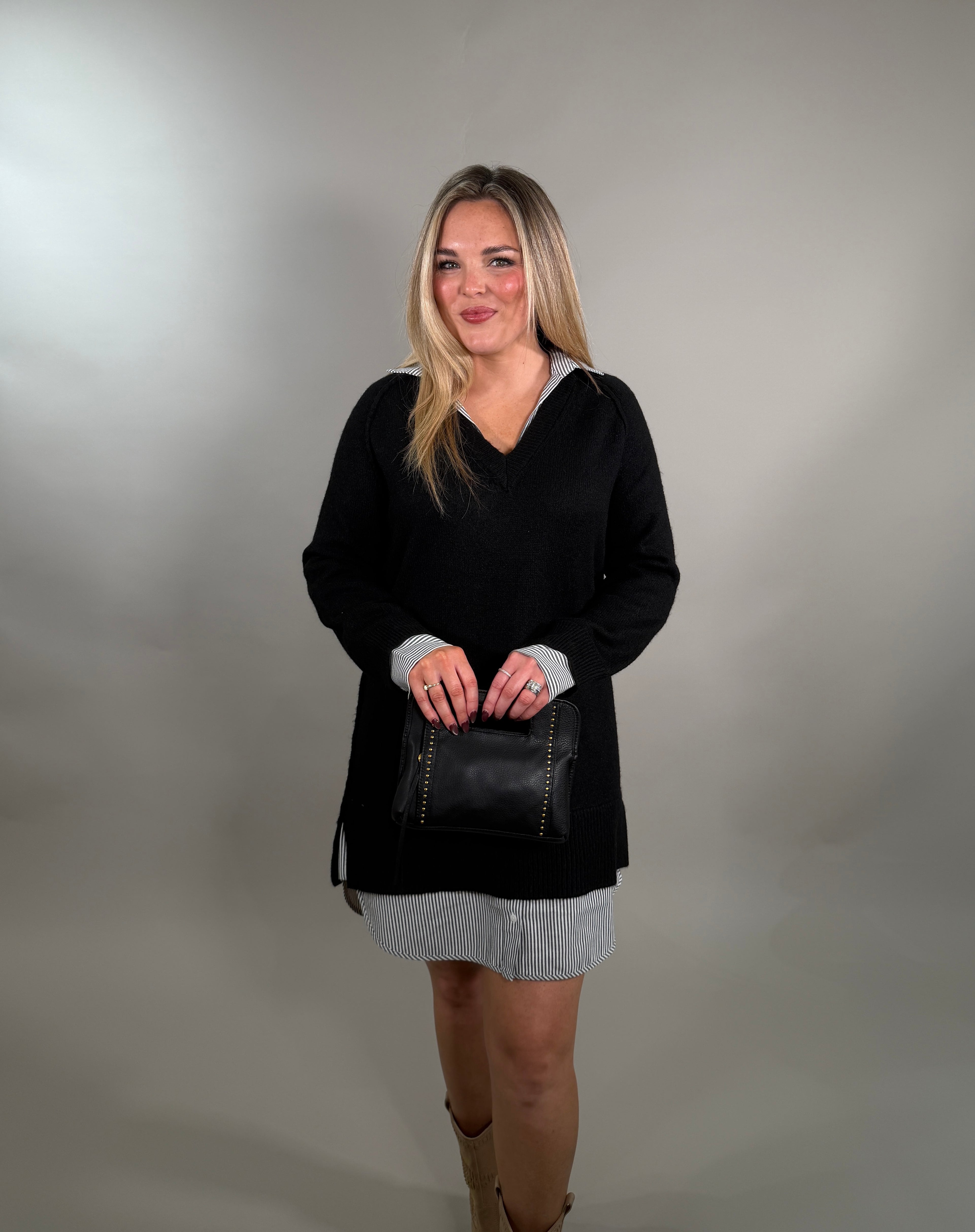 Layered V-Neck Black Sweater with Attached Shirt