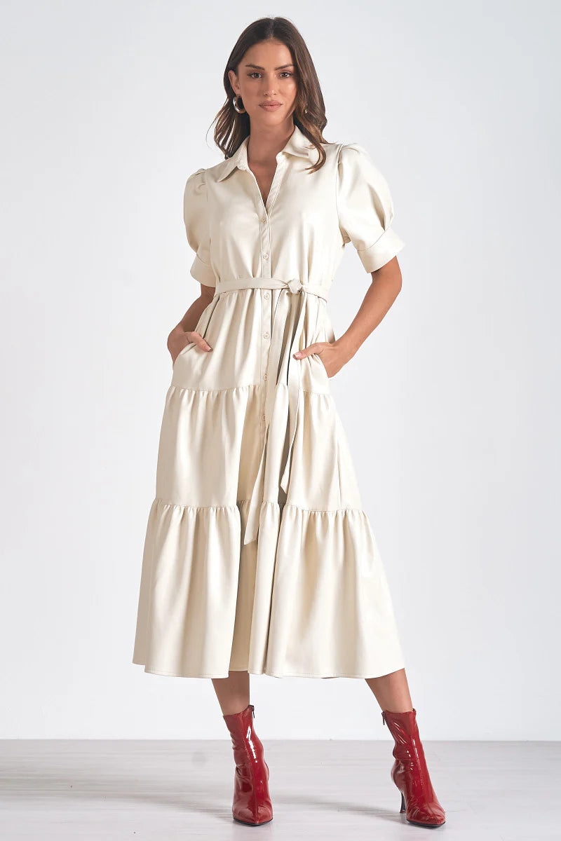 Off White Faux Leather Tiered Maxi Dress