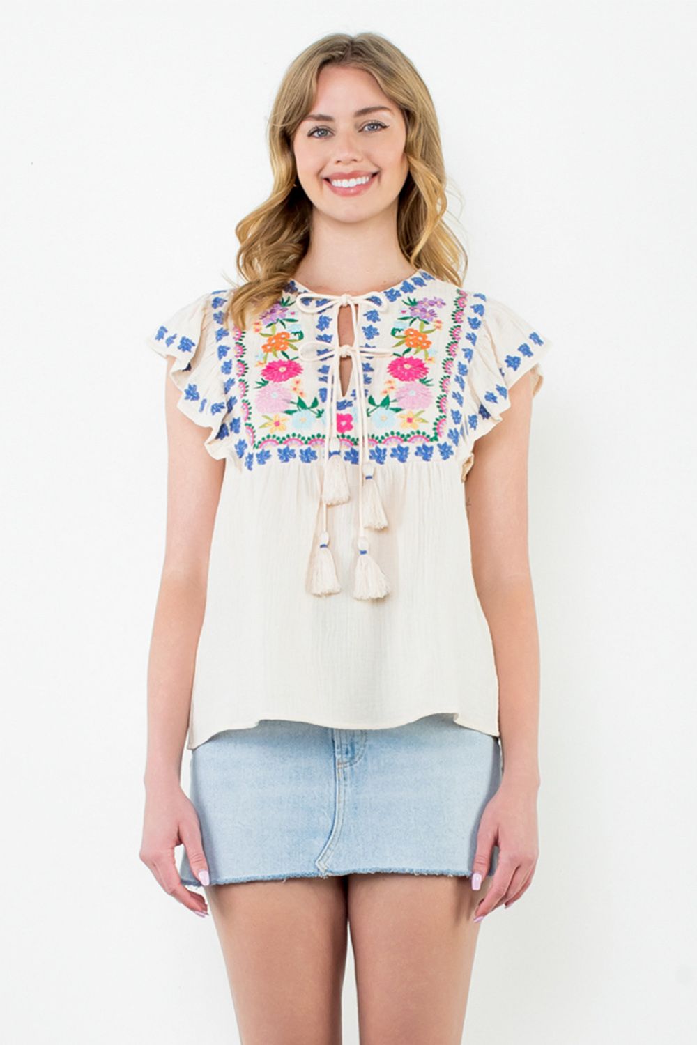 Embroidered Detail Flutter Sleeve Top
