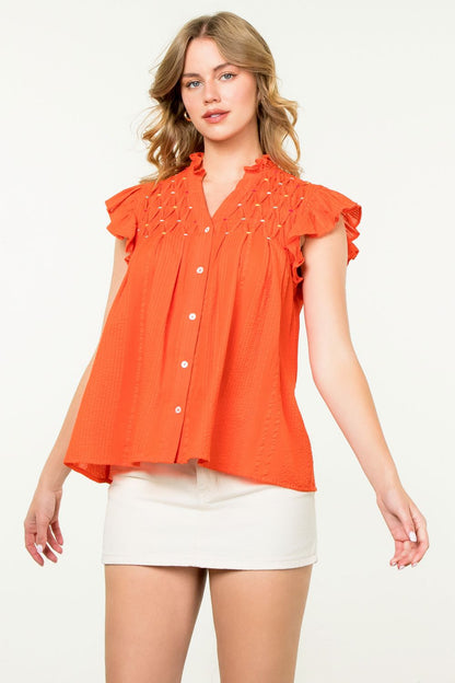 Embroidered Button Down Orange Top