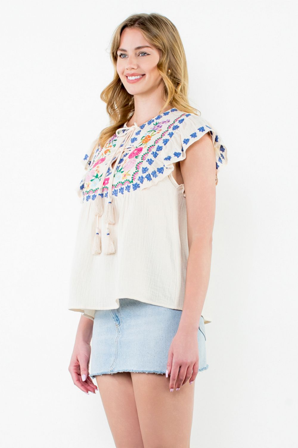 Embroidered Detail Flutter Sleeve Top
