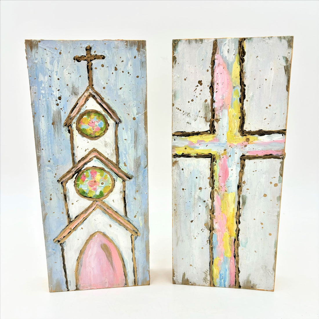 5x1.5x12&quot; Handpainted Block Sign, Cross &amp; Church Pastel, 2 assorted