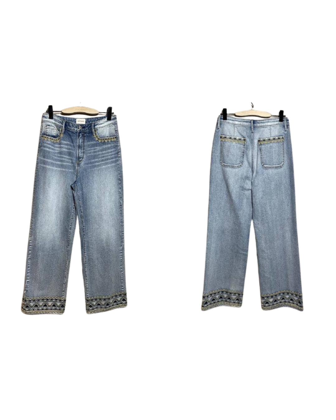 A pair of blue jeans displayed from two different angles, showing the front and back, with embroidered details on the hem and pockets.