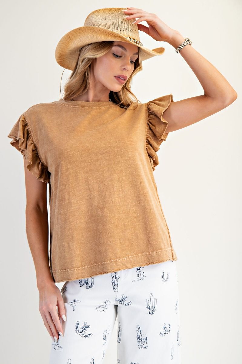 Wing Sleeves Cotton Slub Mineral Washed Knit Top
