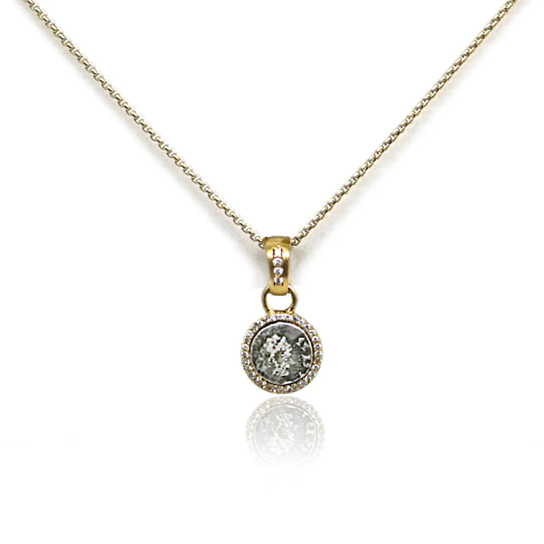 Gold Pavia Coin and Pave Frame Necklace