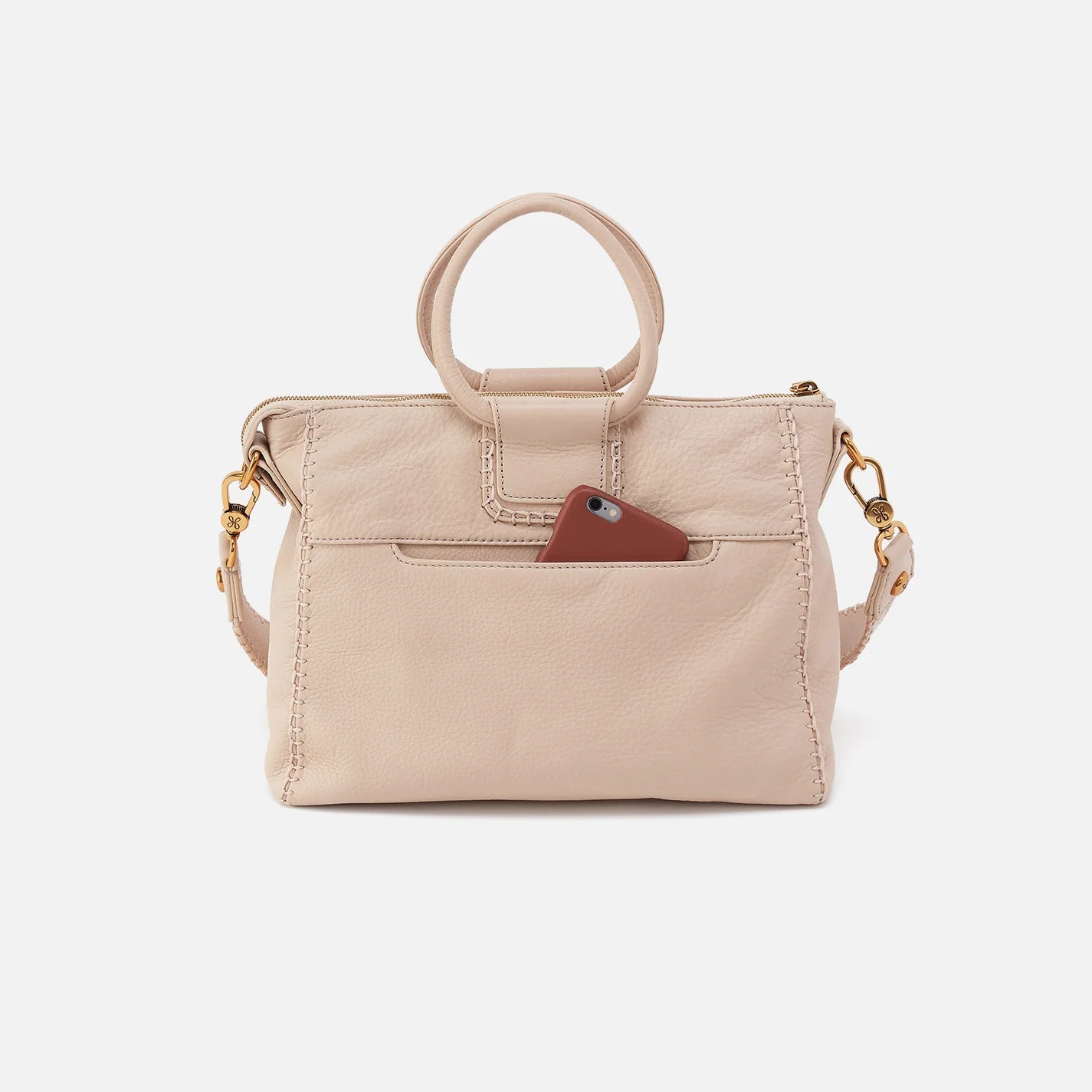 Pebbled Leather Stone Satchel with Gold Details