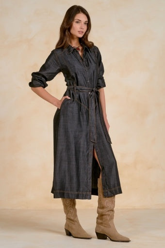 Dark Denim Belted Shirt Midi Dress