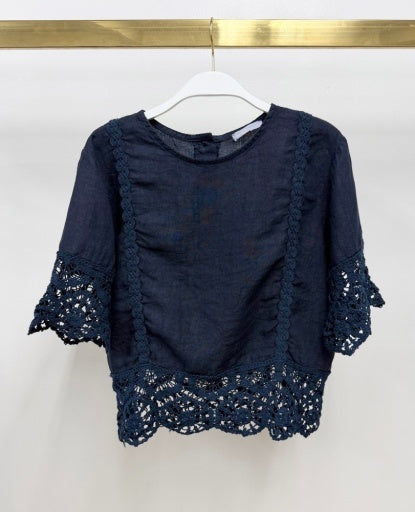 Crochet Lace Sleeve &amp; Hem Linen Top