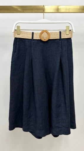 Linen Wide-leg Bermuda Shorts With Jute Belt
