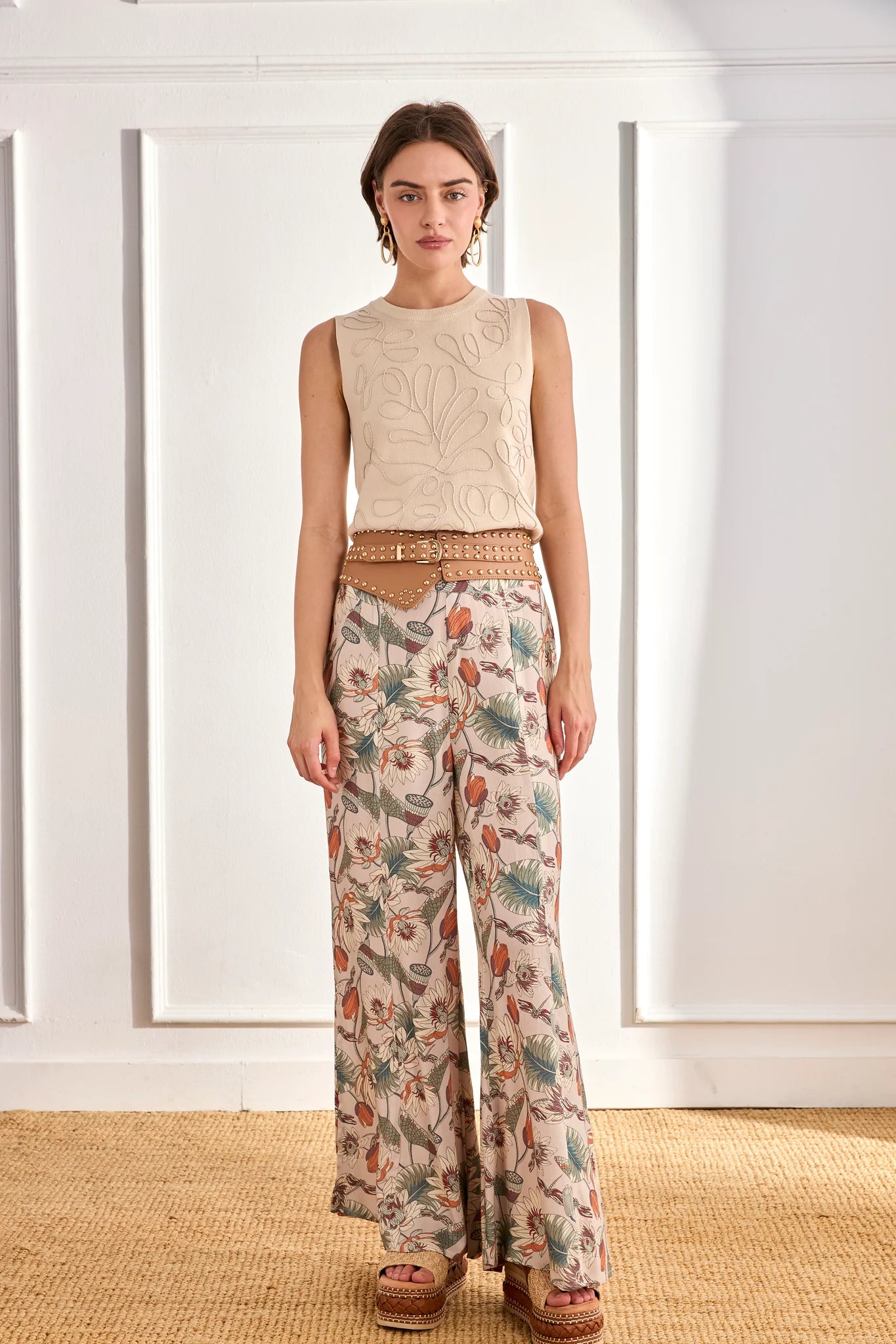 Cream Embroidered Floral Design Tank