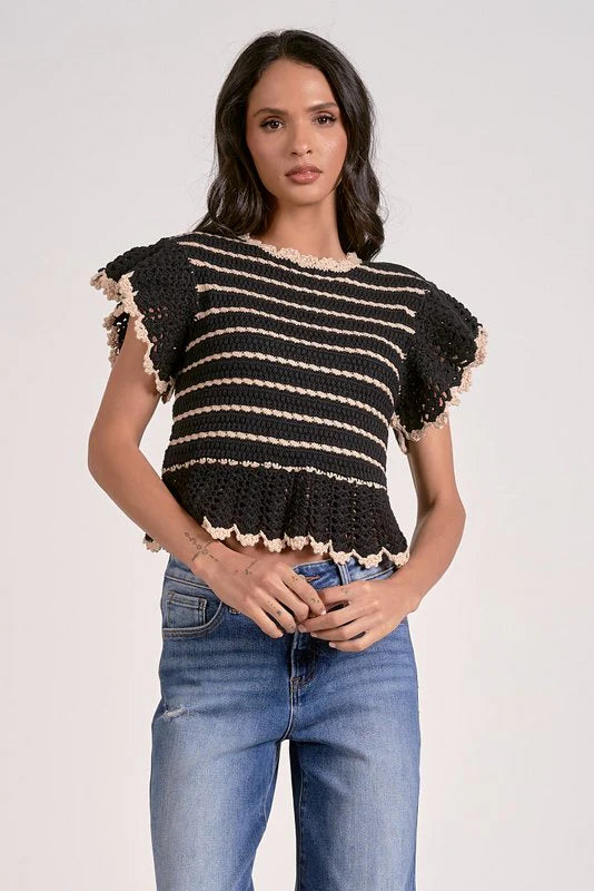 Black and White Knit Flutter Sleeve Top