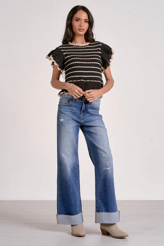 Black and White Knit Flutter Sleeve Top