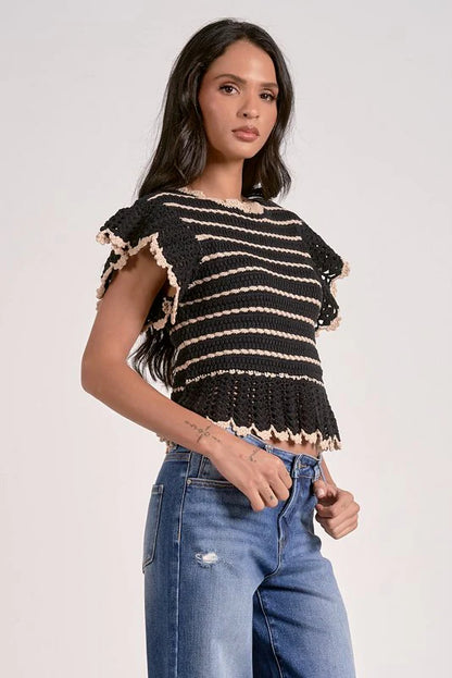 Black and White Knit Flutter Sleeve Top