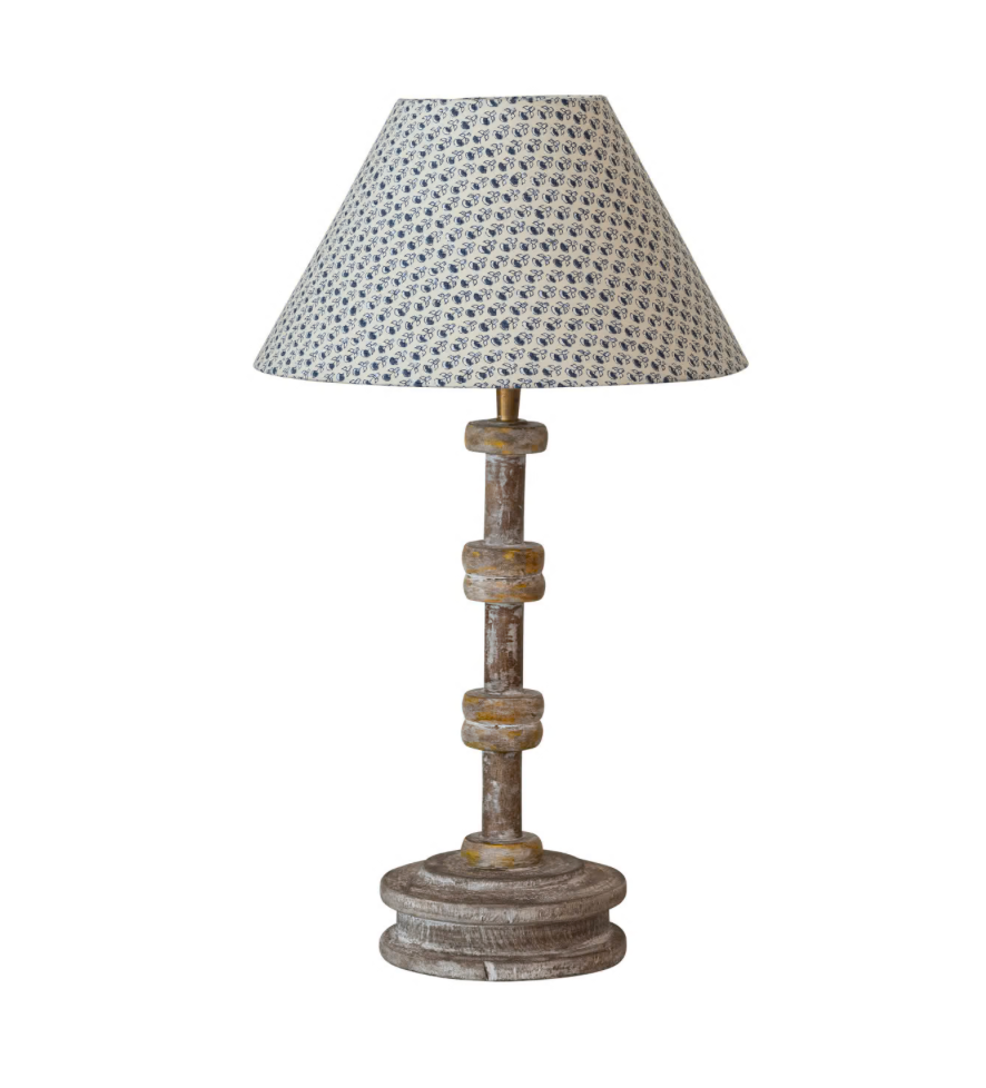 Found Wood Spool Table Lamp w/ Cotton Shade &amp; Swivel Neck