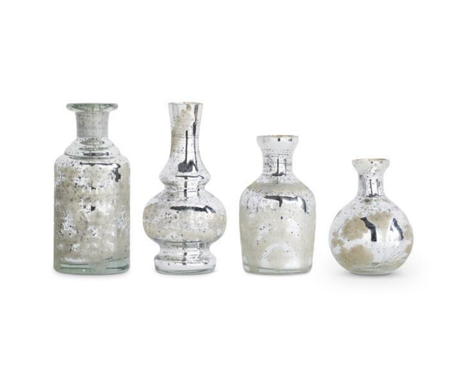 Assorted Mini Silver Mercury Glass Etched Bud Vases