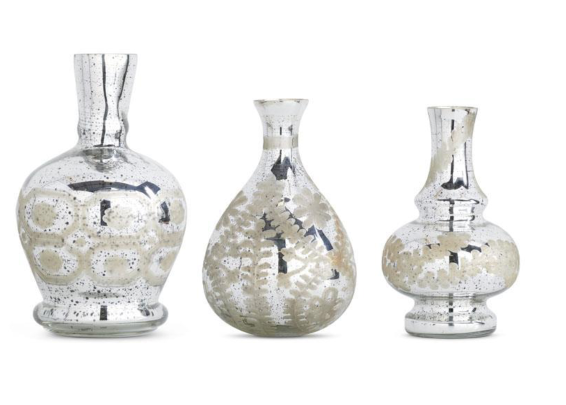 Assorted Silver Mercury Glass Etched Bud Vases W/Etching
