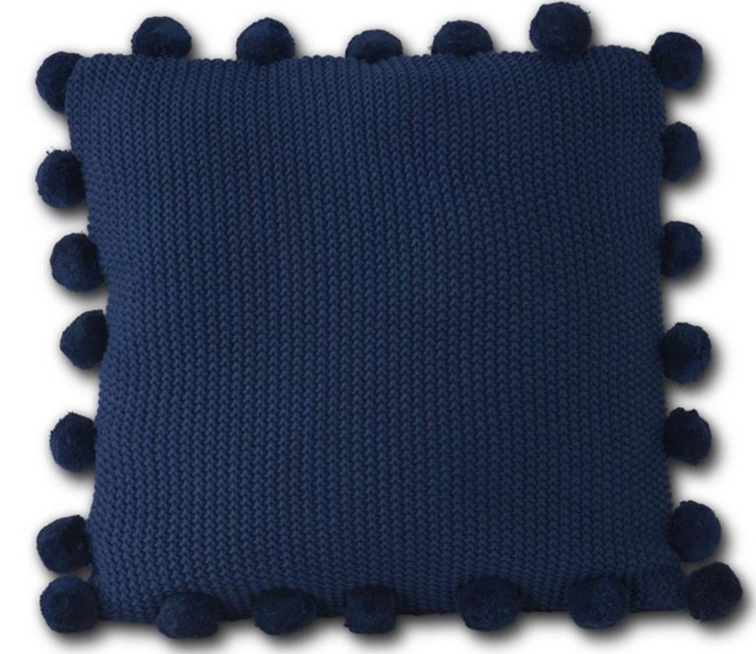 20 Inch Blue Moss Stitch Knit Pillow w/Pompom Trim
