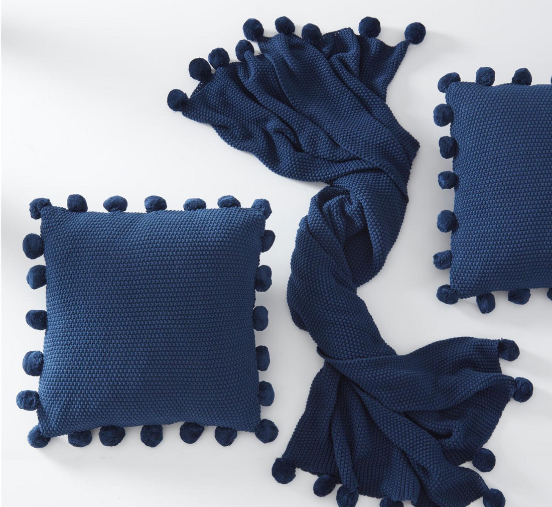 20 Inch Blue Moss Stitch Knit Pillow w/Pompom Trim