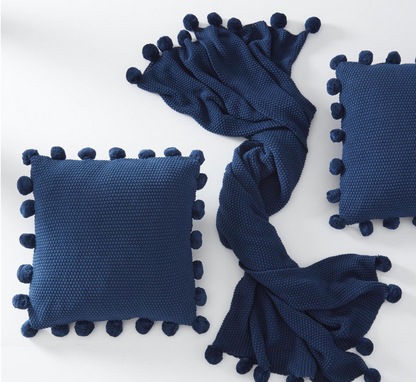 Moss Stitch Knit Throw Blanket w/Pompom Trim
