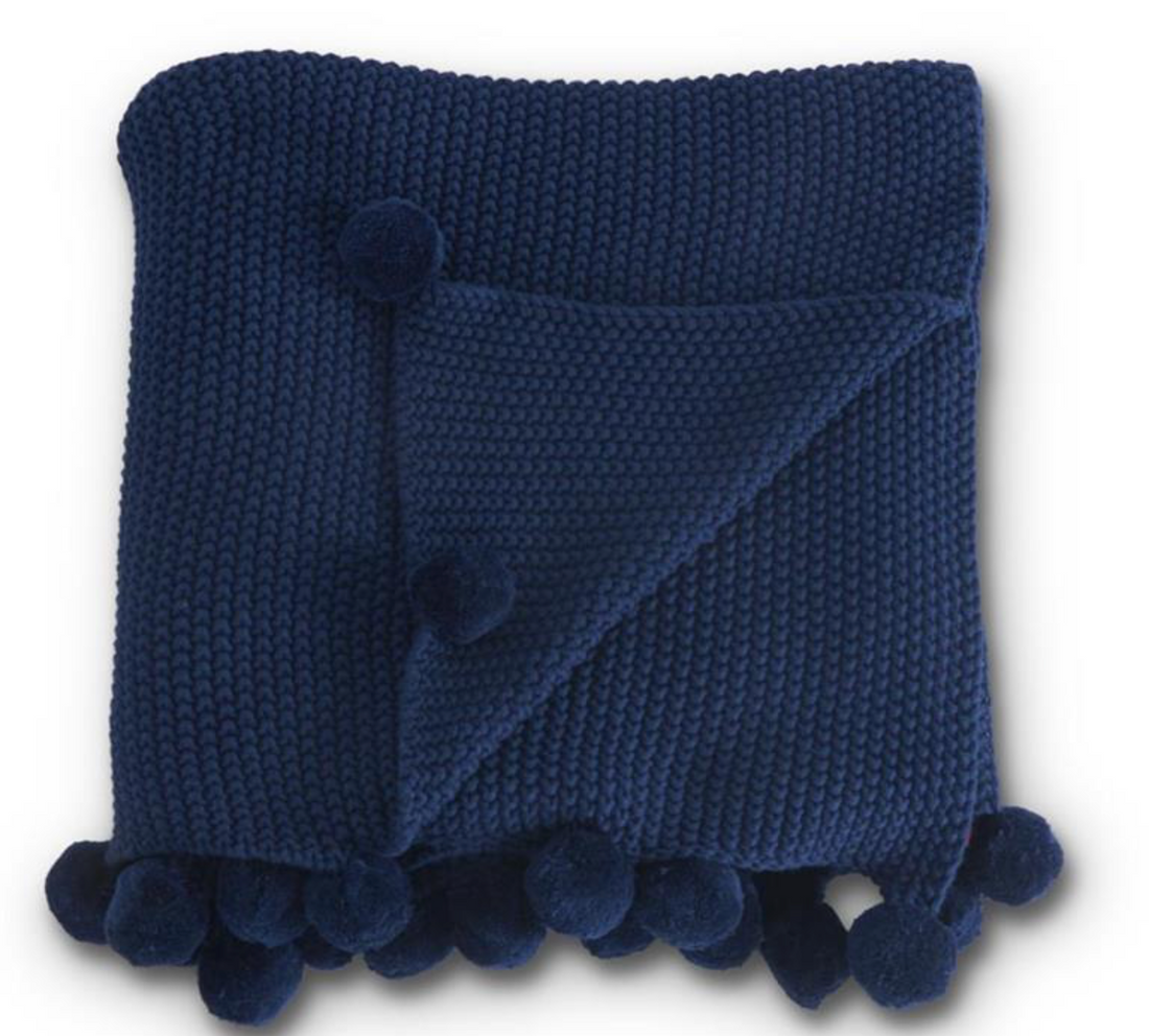 Moss Stitch Knit Throw Blanket w/Pompom Trim