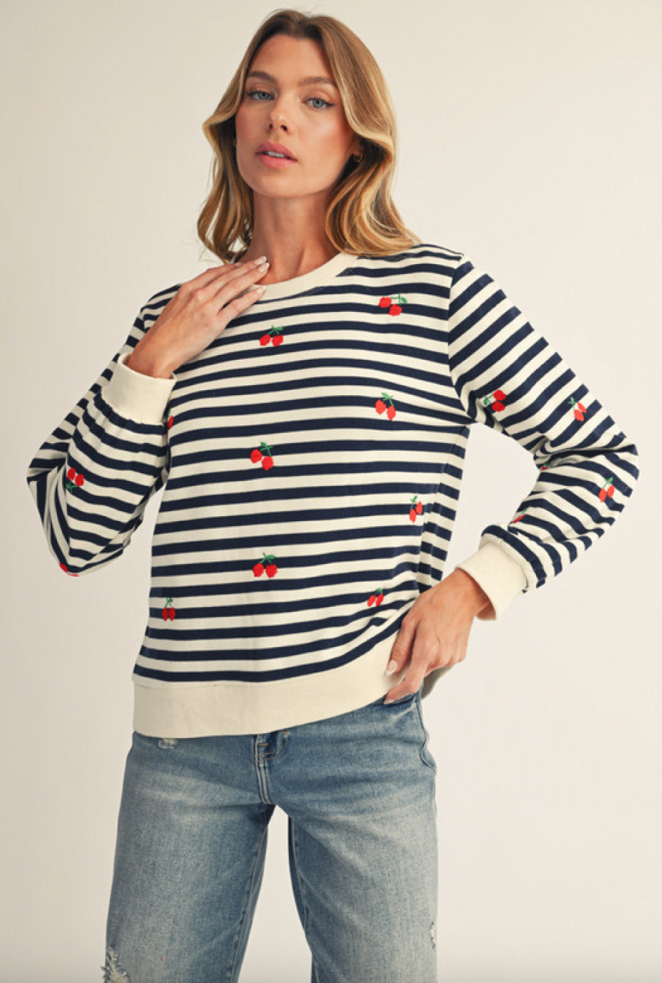 Navy and Cream Striped Sweatshirt with Cherries
