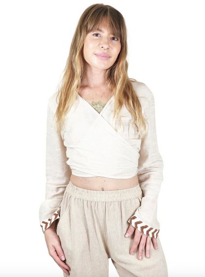 Linen Long Sleeve Wrap Top