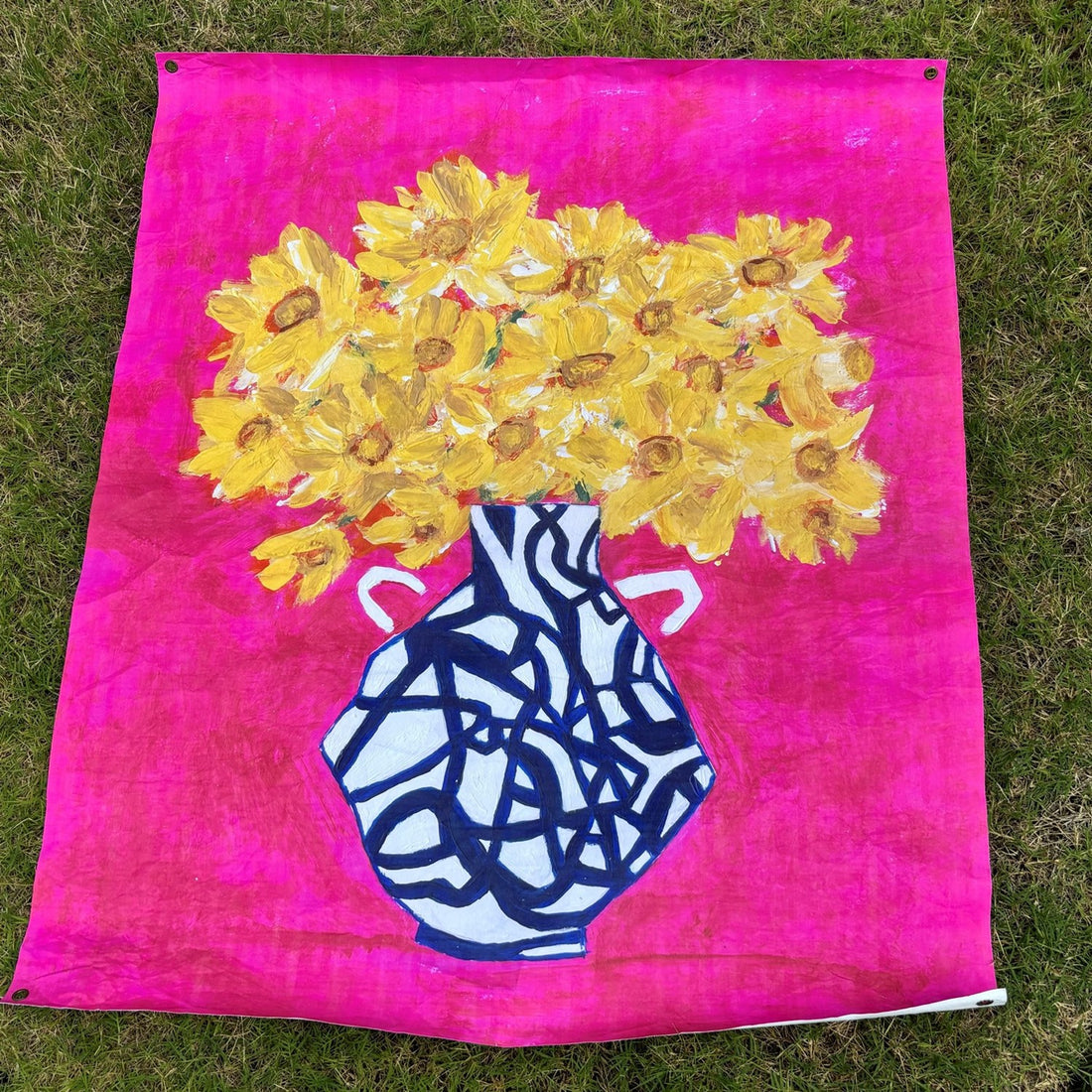 38x46" Art Paper, Modern Vase, Yellow Flowers, Fuschia Background