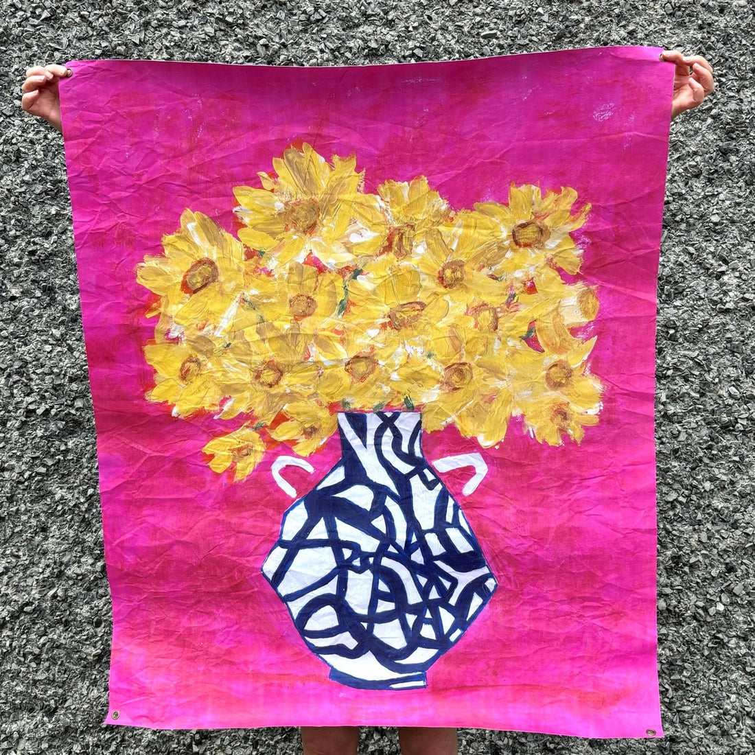 38x46" Art Paper, Modern Vase, Yellow Flowers, Fuschia Background