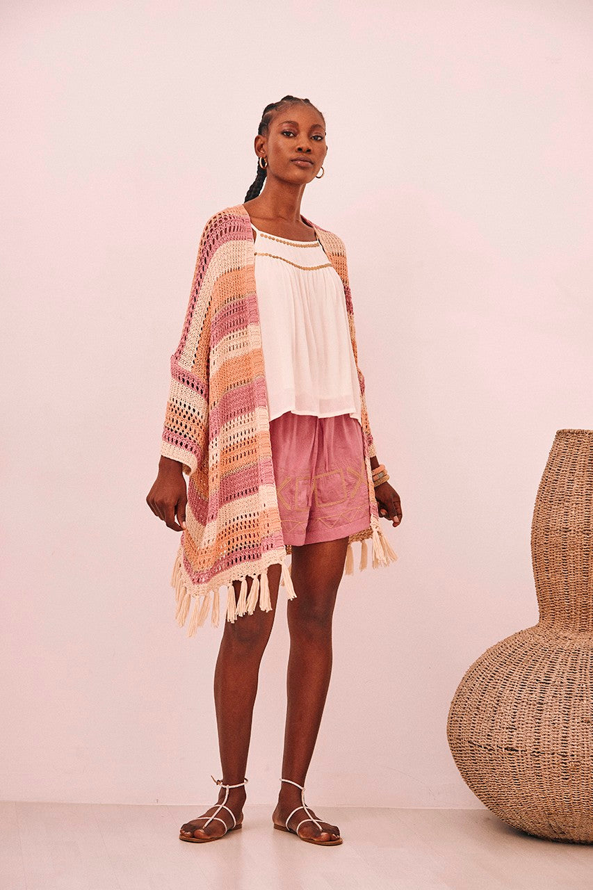 Long Kimono With Stripes And Fringe Details
