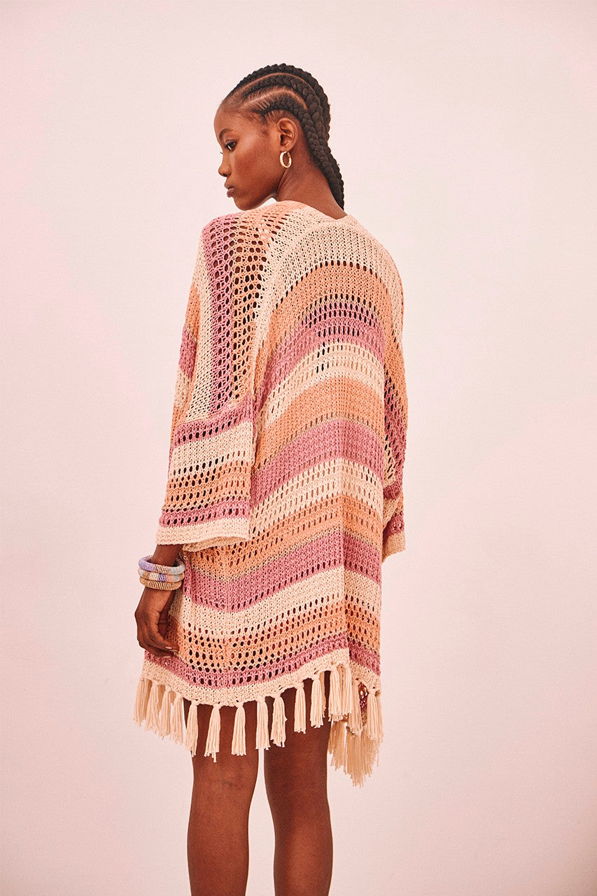 Long Kimono With Stripes And Fringe Details