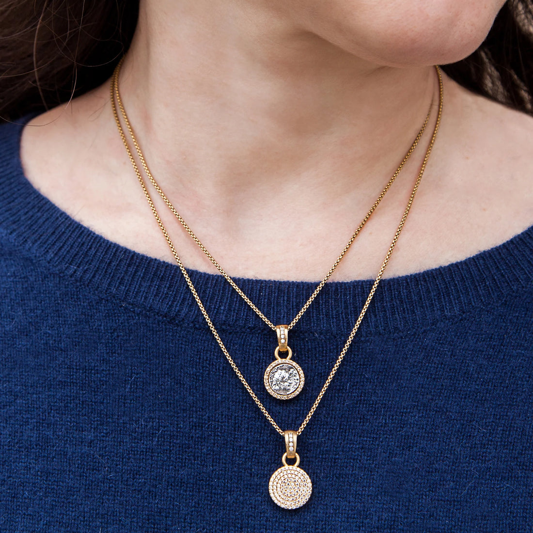 Gold Pavia Coin and Pave Frame Necklace