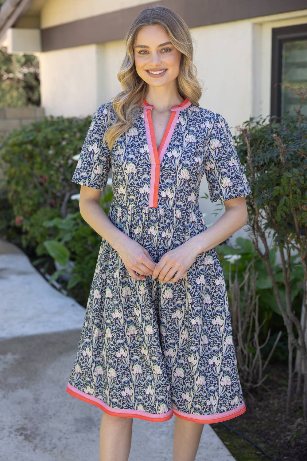 Contrast Stripe Detailed Floral Print Midi Dress