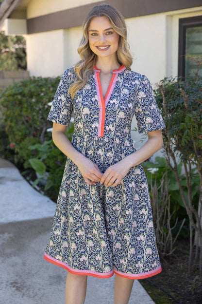 Contrast Stripe Detailed Floral Print Midi Dress