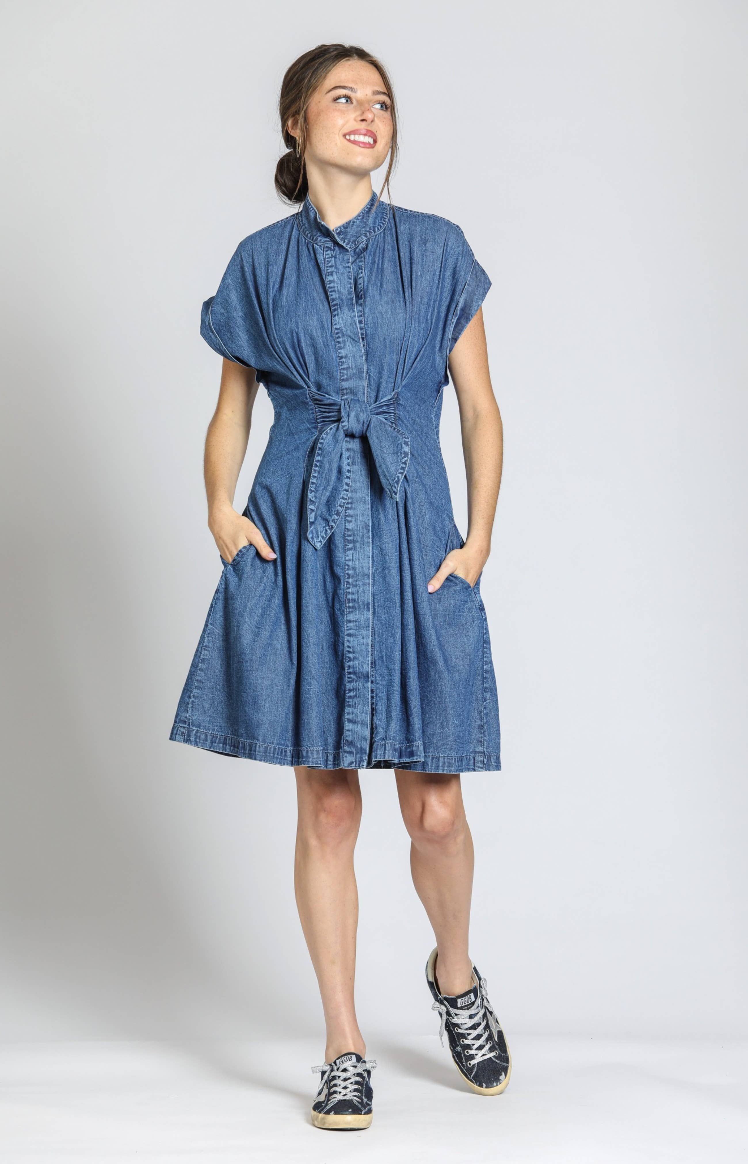 Button Front Shirt Dress with Ties