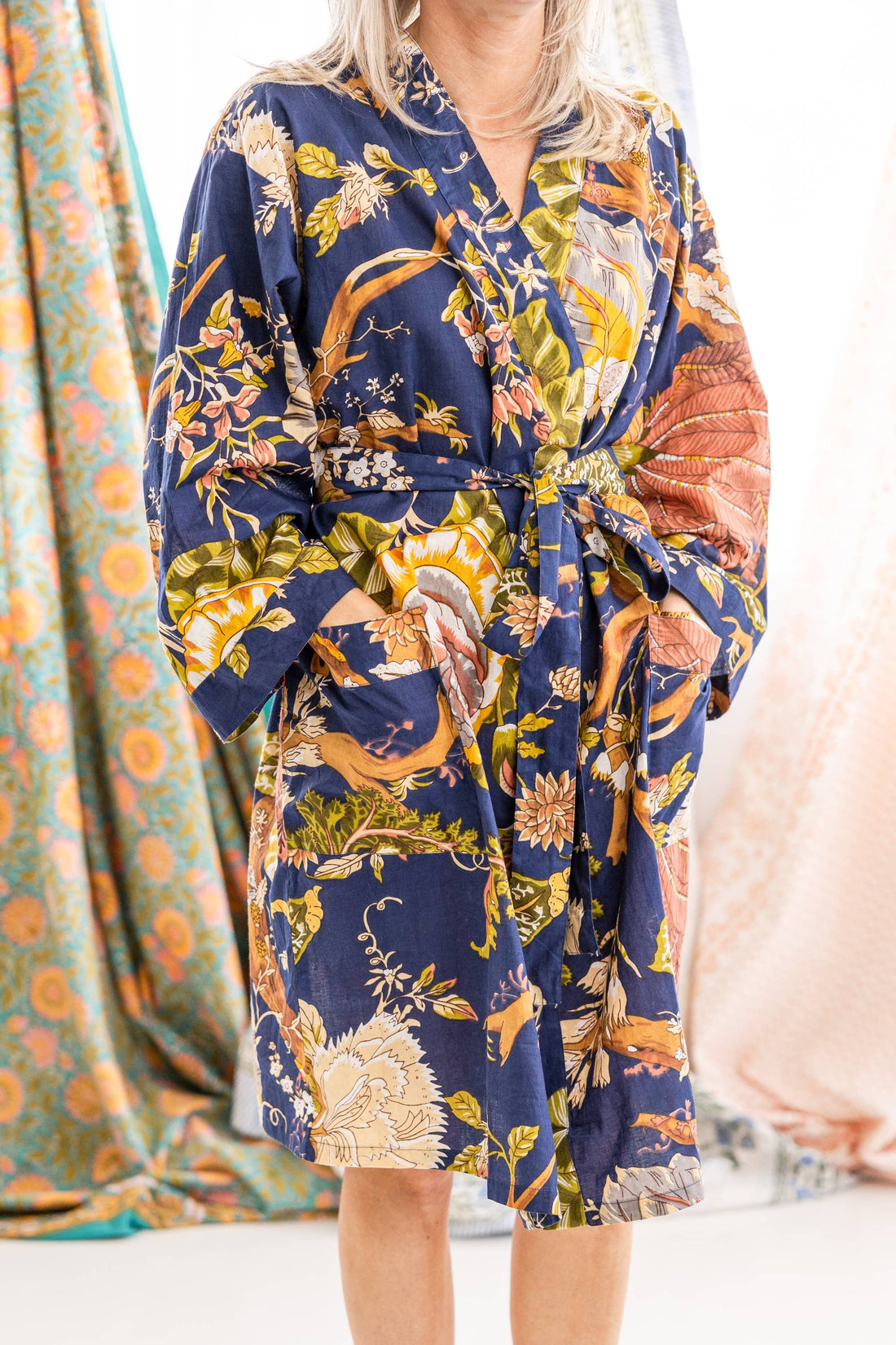 Royal Paradise Block Print Cotton Robe Knee Length