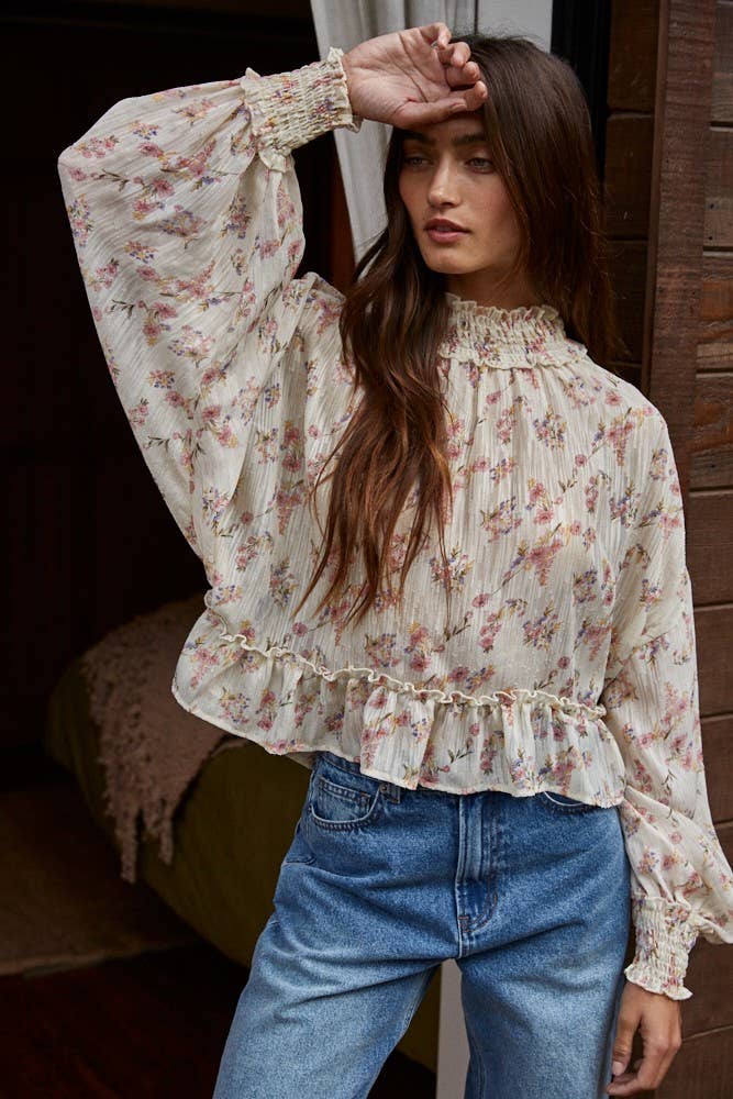 Woven Floral Print See Through Mock Neck Blouse