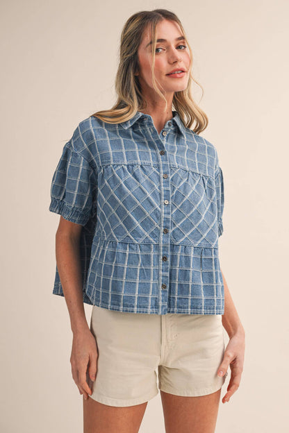 Checkered Denim Button Down Top