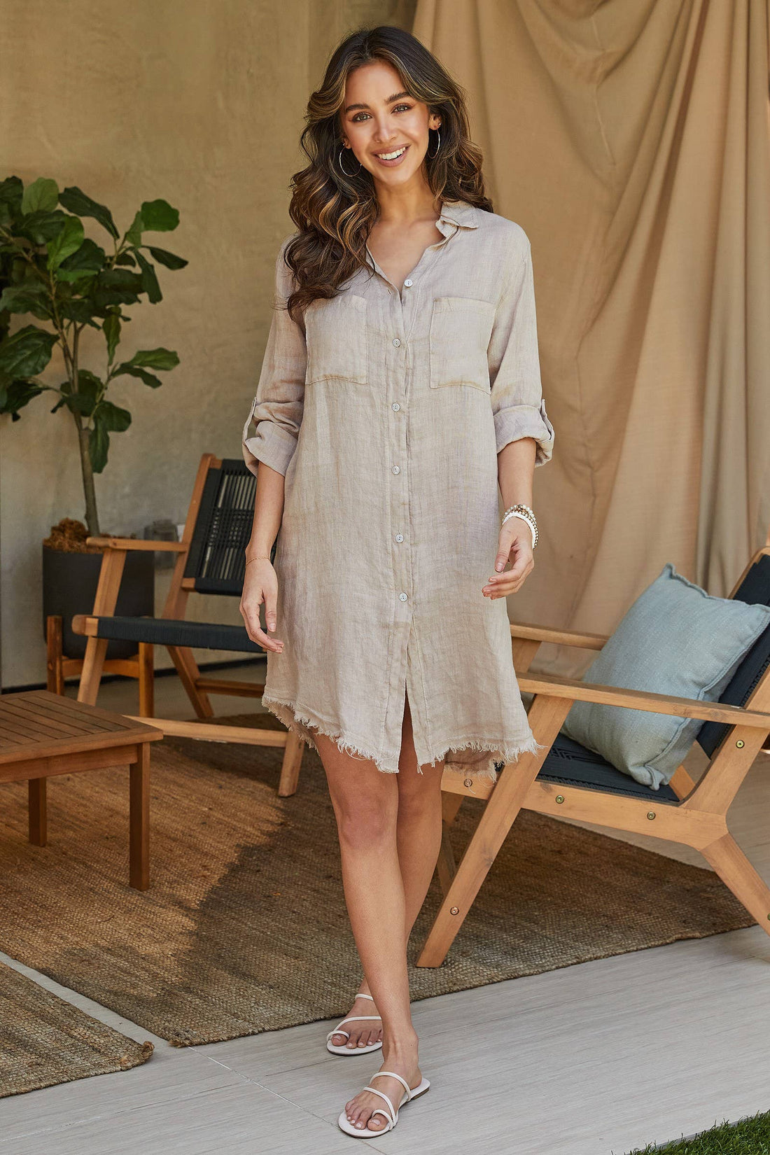 Linen L/S Button Down Mid-Length Dress