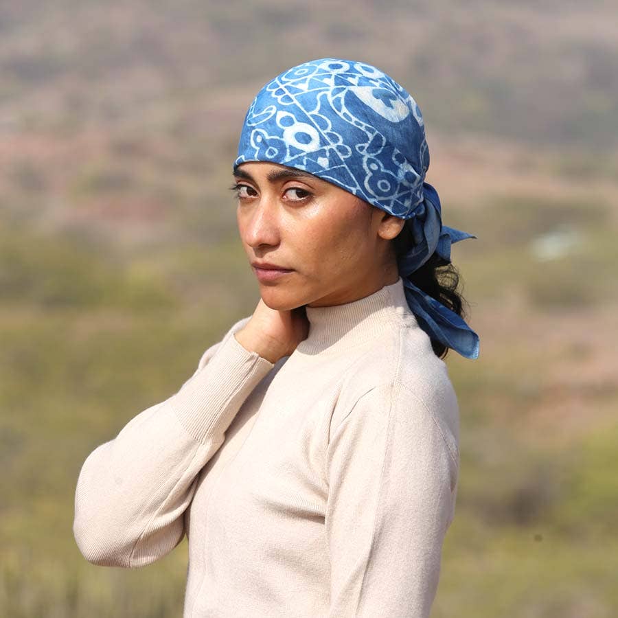 Light Blue Square Blocked Shibori Bandana, Head Scarf | Neel