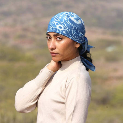 Light Blue Square Blocked Shibori Bandana, Head Scarf | Neel